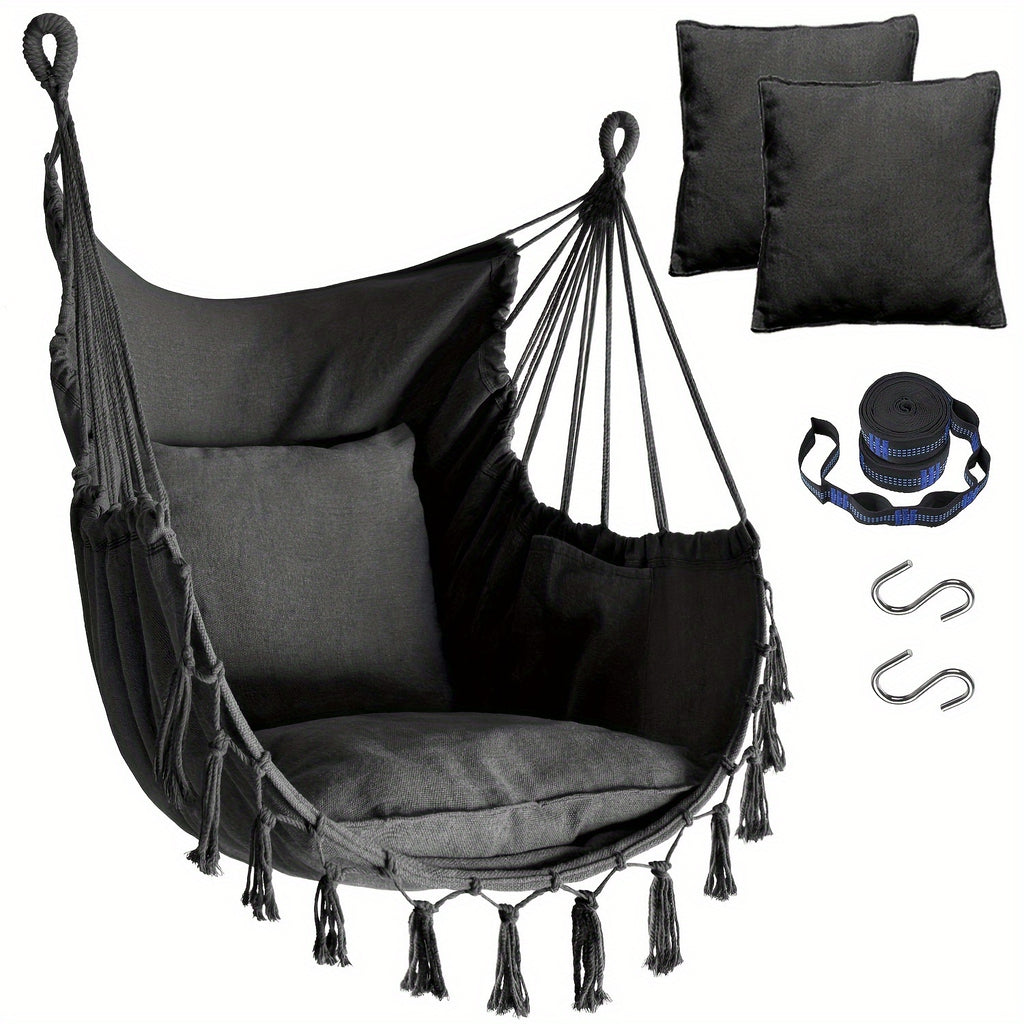 Hanging Hammock Chair with Two Cushions, Durable Webbing Straps And Hooks, Handcrafted for Outdoor Use in Gardens, Porches, And Patios