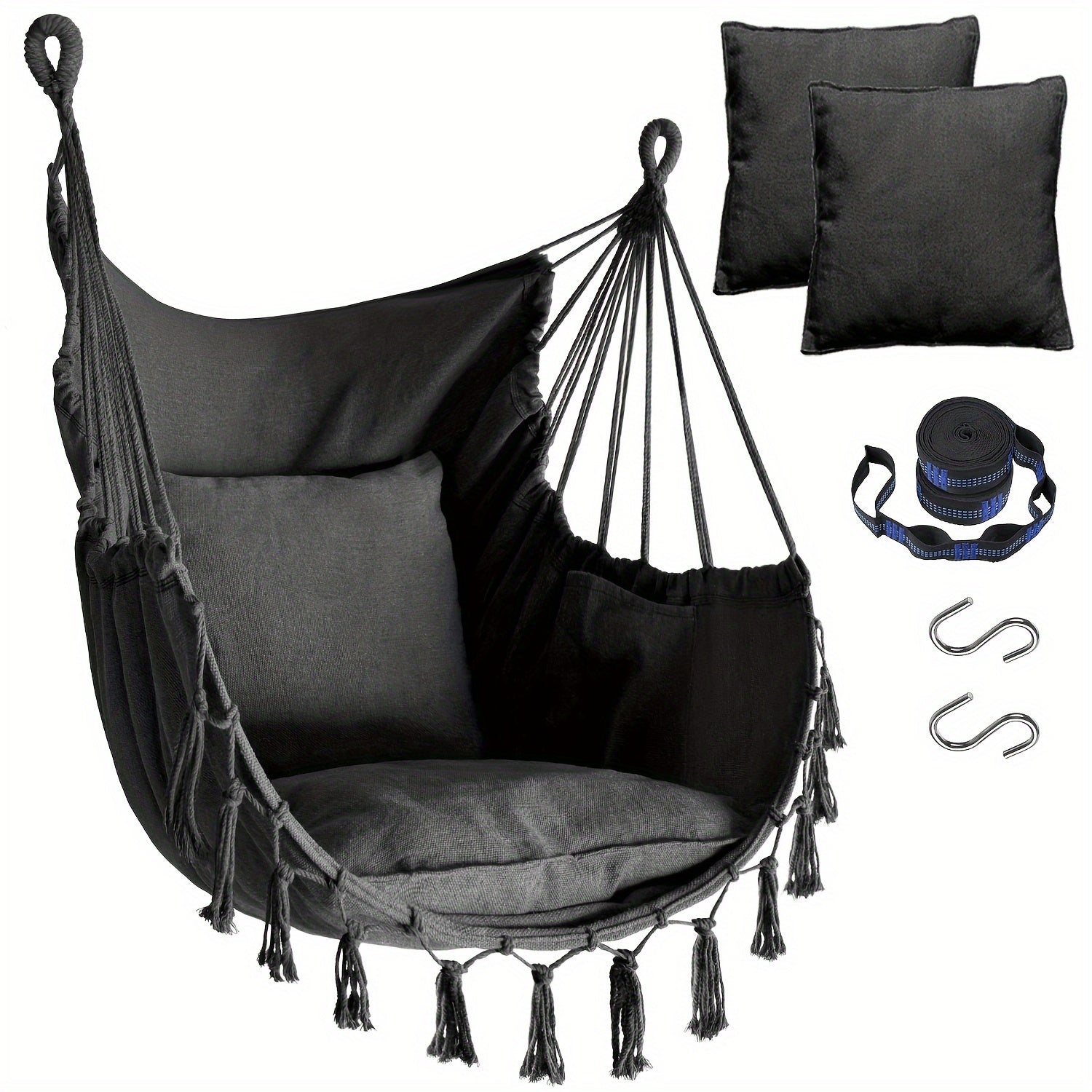 Hanging Hammock Chair with Two Cushions, Durable Webbing Straps And Hooks, Handcrafted for Outdoor Use in Gardens, Porches, And Patios