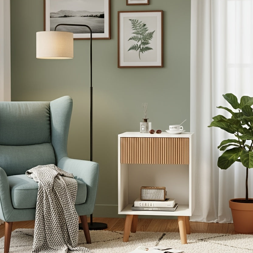 Contemporary Nightstand Featuring a Fluted Design, Equipped with a Storage Drawer And an Open Shelf, Supported by Solid Wood Legs. Ideal As an Accent Table for Small Living Rooms Or Bedrooms