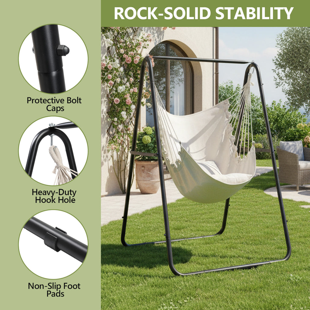 Hanging Chair Set, Black Metal Frame, Cloth, 2 Pillows, 4 Plastic Foot Covers, 34.25×39.37×53.15inch