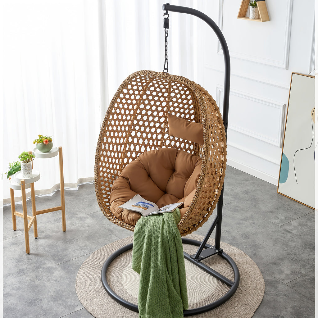 Hanging Egg Chair with Stand for Indoor And Outdoor Use, Wicker Design, Comfortable Hammock Chair with Plush Cushion, Sturdy Round Metal Base Ideal for Relaxing on The Patio, Balcony, Bedroom, Or Garden