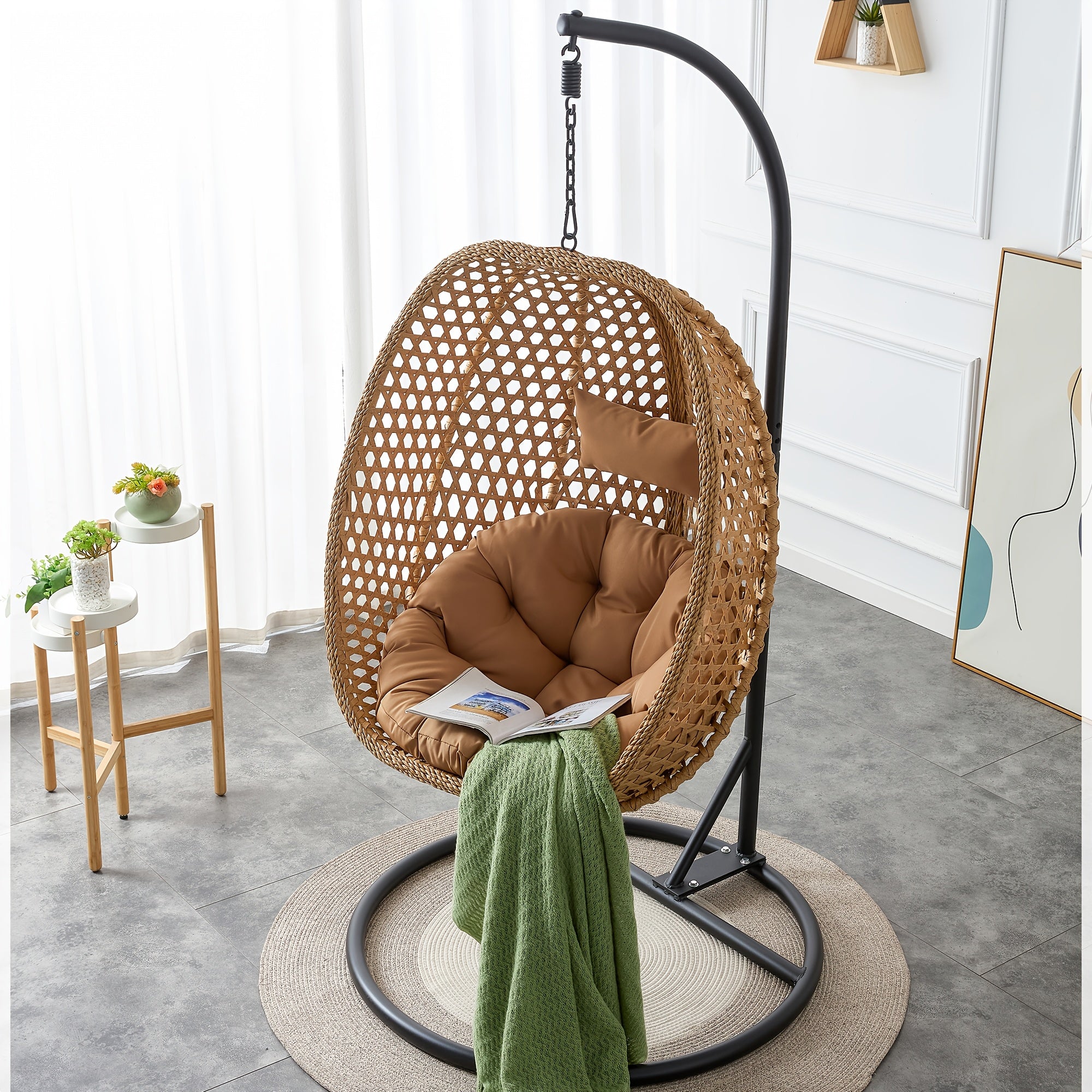 Hanging Egg Chair with Stand for Indoor And Outdoor Use, Wicker Design, Comfortable Hammock Chair with Plush Cushion, Sturdy Round Metal Base Ideal for Relaxing on The Patio, Balcony, Bedroom, Or Garden