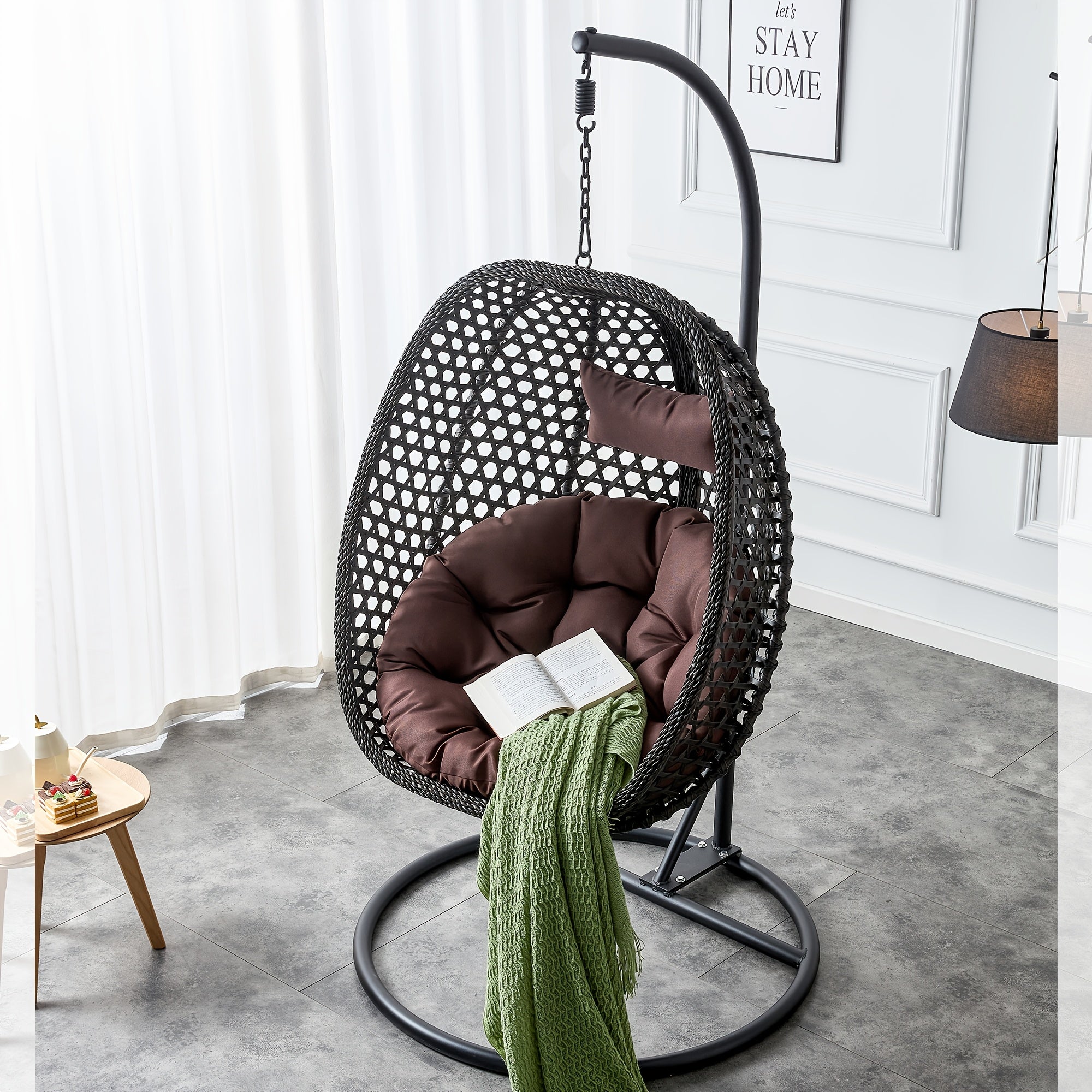 Hanging Egg Chair with Stand for Indoor And Outdoor Use, Wicker Design, Comfortable Hammock Chair with Plush Cushion, Sturdy Round Metal Base Ideal for Relaxing on The Patio, Balcony, Bedroom, Or Garden