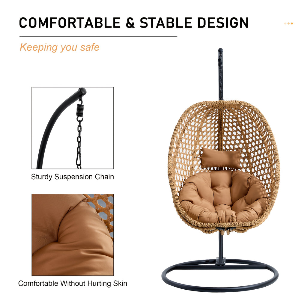 Hanging Egg Chair with Stand for Indoor And Outdoor Use, Wicker Design, Comfortable Hammock Chair with Plush Cushion, Sturdy Round Metal Base Ideal for Relaxing on The Patio, Balcony, Bedroom, Or Garden