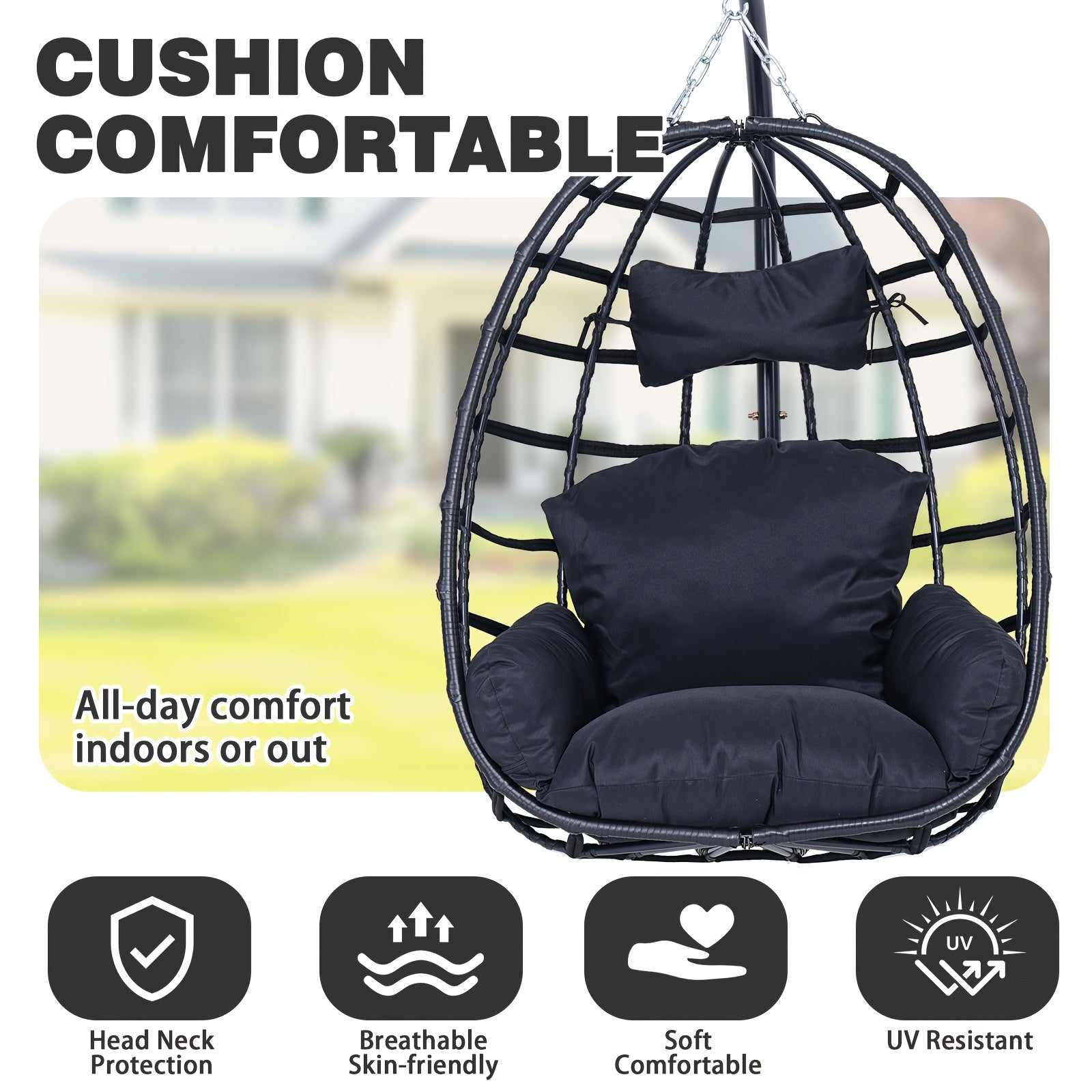 Egg-shaped Hanging Chair with Headrest and Frame, Courtyard Hanging Chair, Suitable for Outdoor Camping, Balcony, and Garden Use, Enhanced X-shaped Frame, UV-resistant Cushions, Soft, Breathable, and Skin-friendly