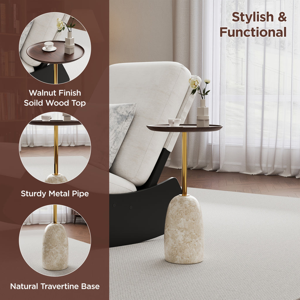 Tea Tables Modern Marble Base Side Table with Golden Metal Stem, Round Walnut Tray End Table for Living Room Bedroom Applicable to Coffee Tables And Tea Tables