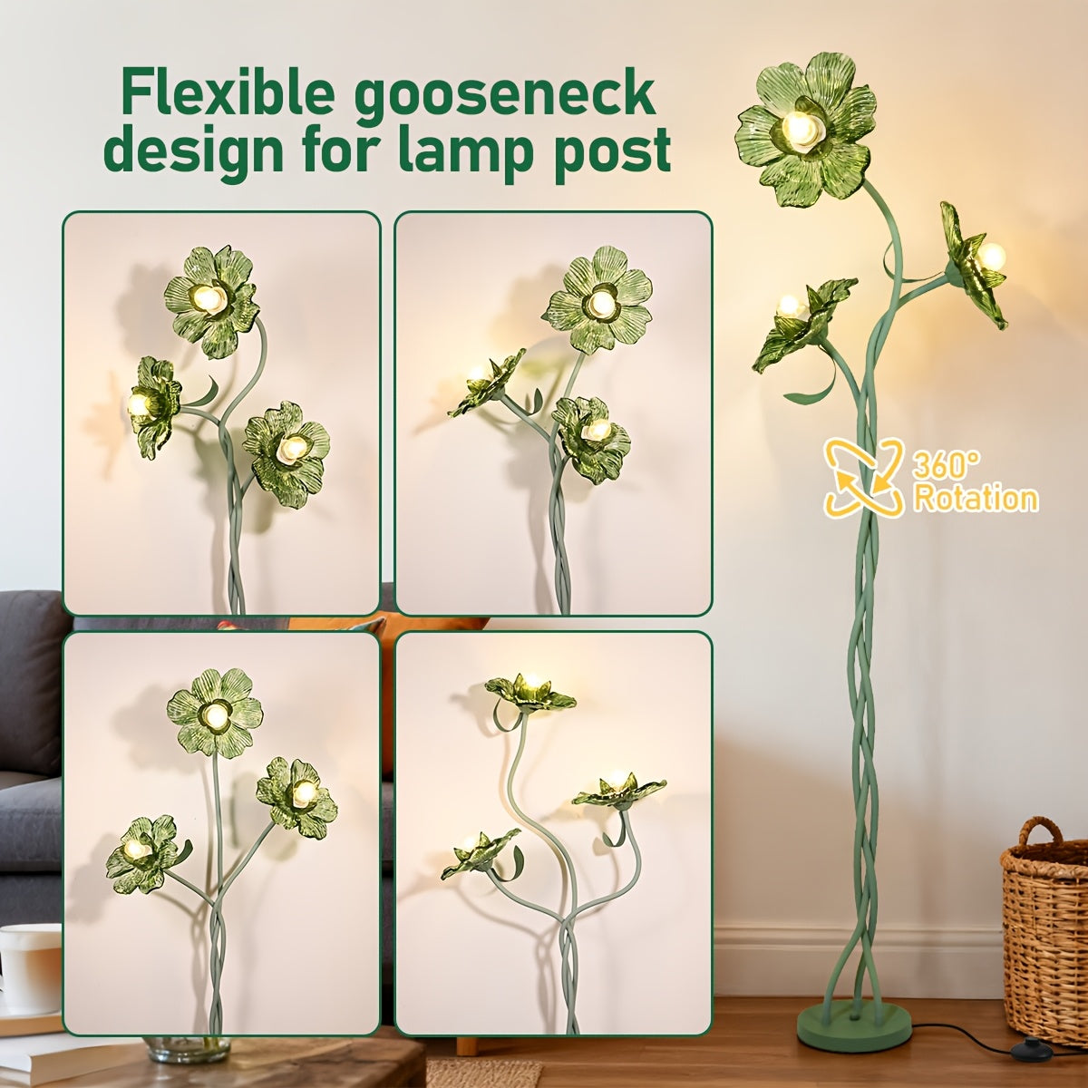 Home Crabapple Flower Floor Lamp, Retro Style, Decoration Matching, Three Colors Adjustable, Goose Neck Design Adjustable Three-Head Decorative Lamp, Suitable for Bedroom, Living Room, Study Reading, Etc