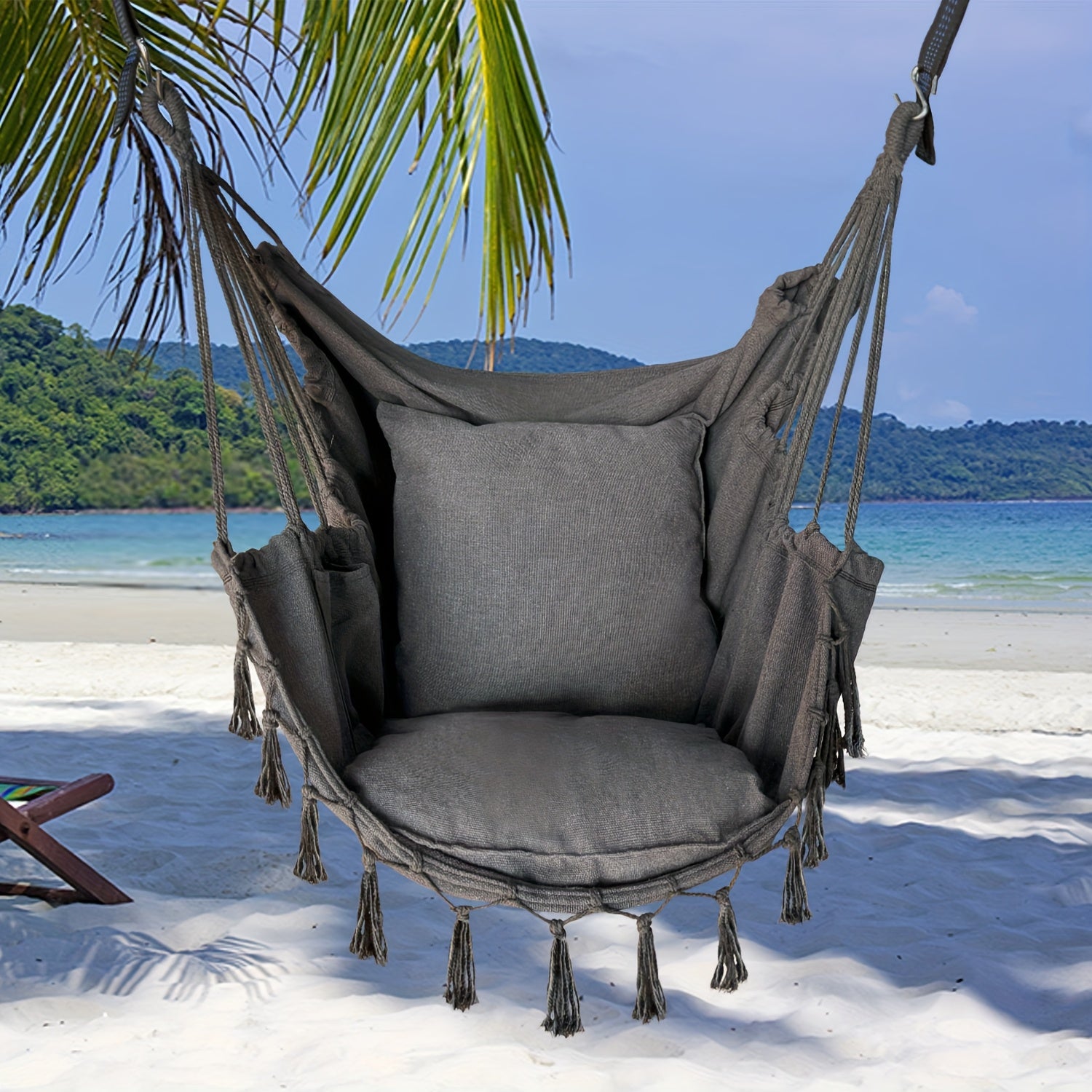 Hanging Hammock Chair with Two Cushions, Durable Webbing Straps And Hooks, Handcrafted for Outdoor Use in Gardens, Porches, And Patios