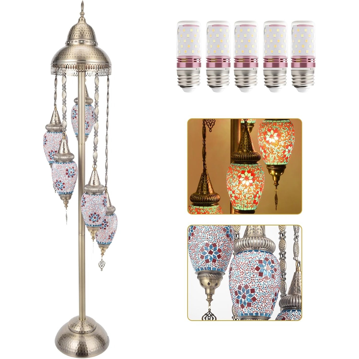 Turkish Handmade Mosaic Floor Lamp Moroccan Bohemian Style 5 Olive Shade Metal Base Living Room Decor Light
