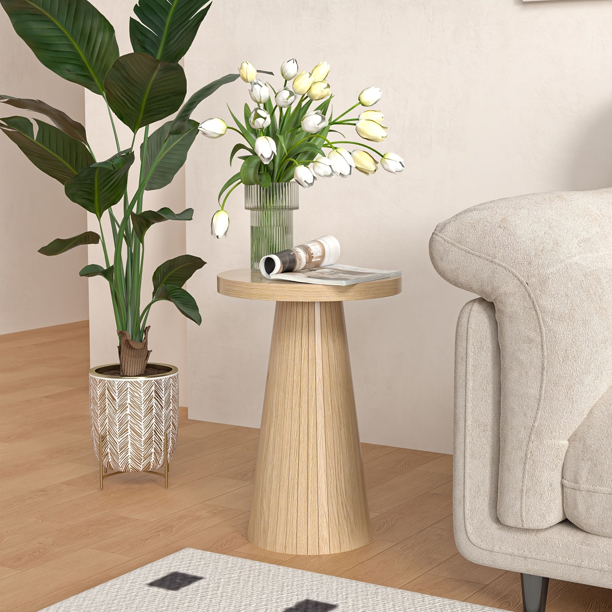 Elegant Side Table Mid-Century Modern Elegant Round Side Table | Sturdy Pine Wood Frame, Ideal for Living Room, Bedroom, or Office, Easy Assembly, Space-Saving Base, Cute Room Decor