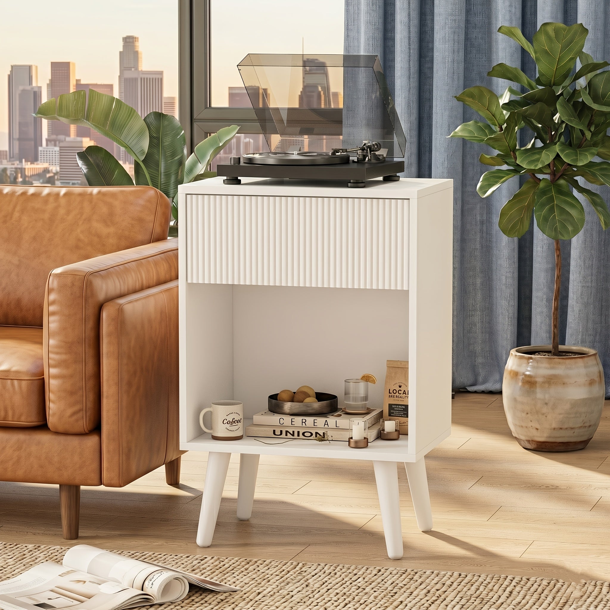 Contemporary Nightstand Featuring a Fluted Design, Equipped with a Storage Drawer And an Open Shelf, Supported by Solid Wood Legs. Ideal As an Accent Table for Small Living Rooms Or Bedrooms