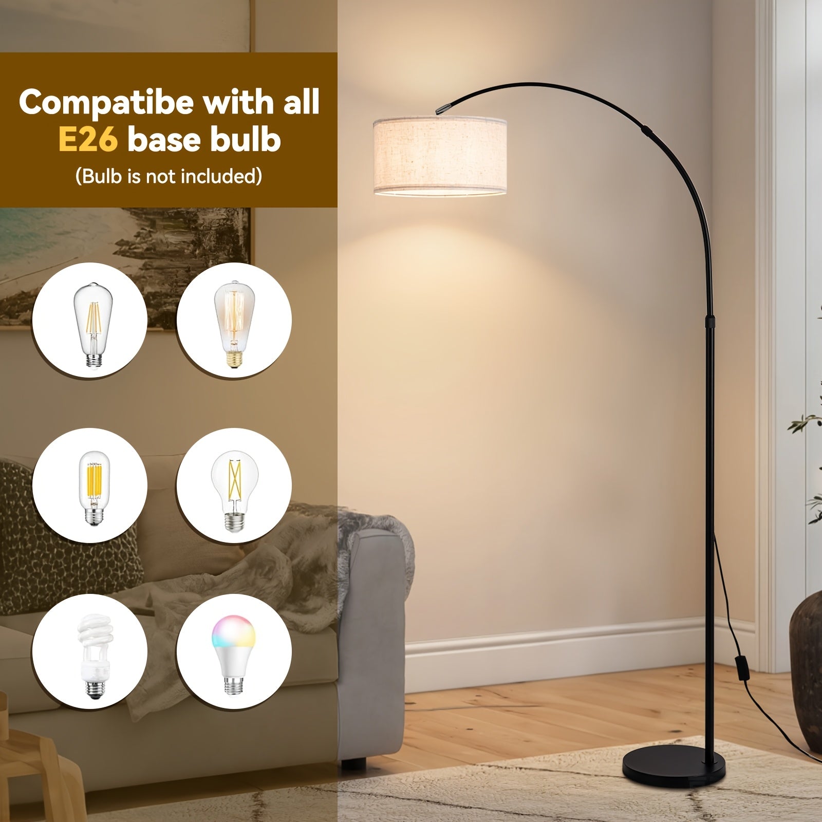 Dimmable Floor Lamp 60 Inch Adjustable Lampshade Arched Standing Floor Lamp | Modern Black Color Changing Curved Ambient Lighting for Bedroom And Living Room, Office Corner Floor Lamps
