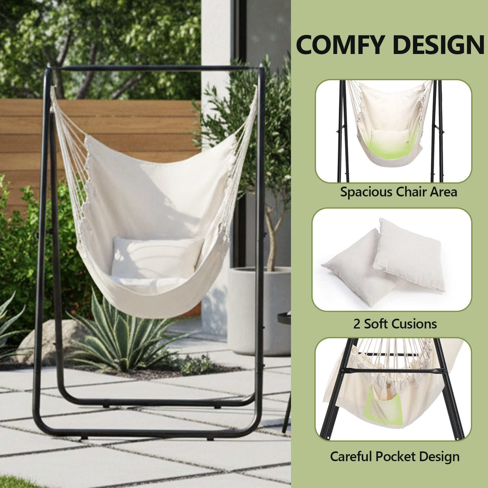 Hanging Chair Set, Black Metal Frame, Cloth, 2 Pillows, 4 Plastic Foot Covers, 34.25×39.37×53.15inch