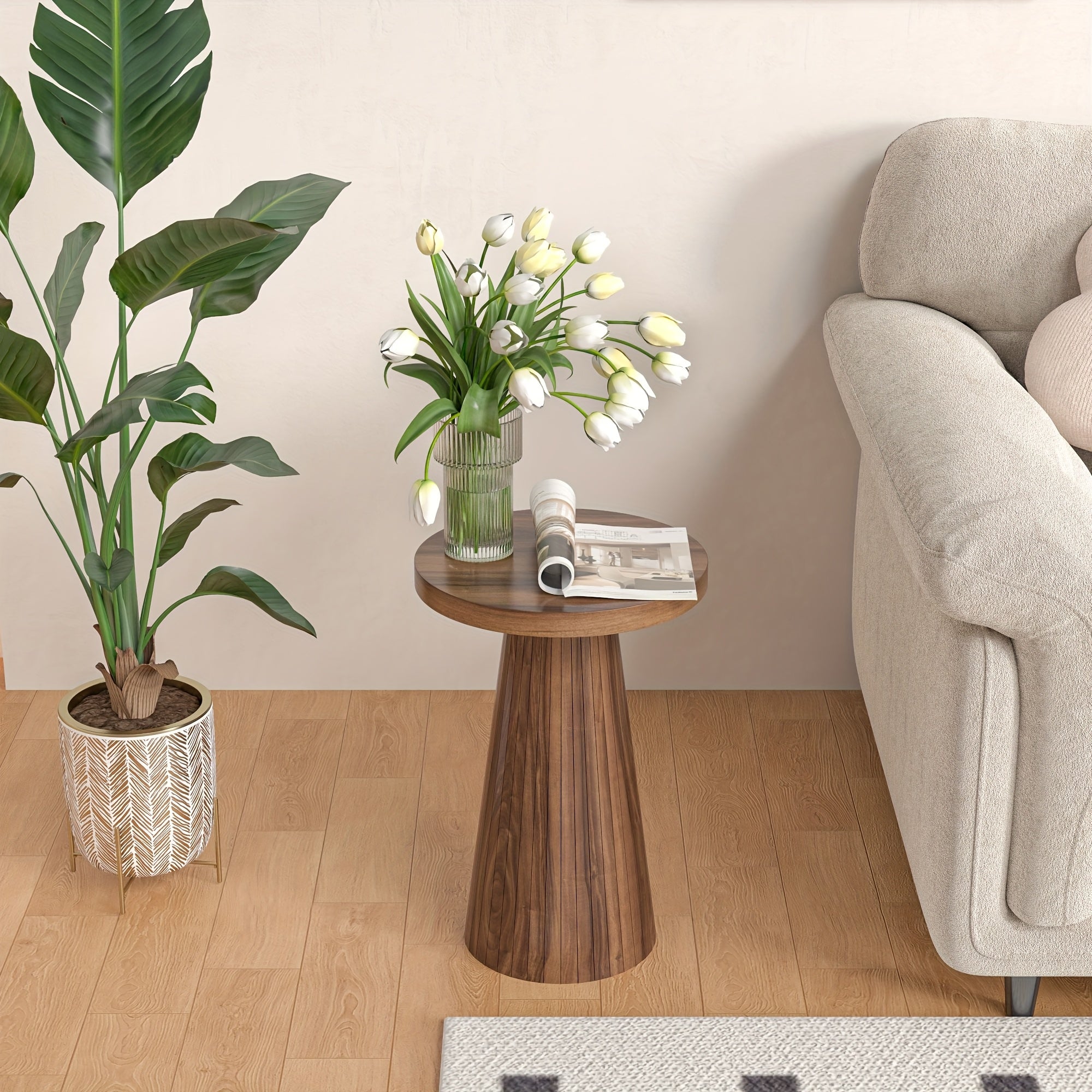 Elegant Side Table Mid-Century Modern Elegant Round Side Table | Sturdy Pine Wood Frame, Ideal for Living Room, Bedroom, or Office, Easy Assembly, Space-Saving Base, Cute Room Decor
