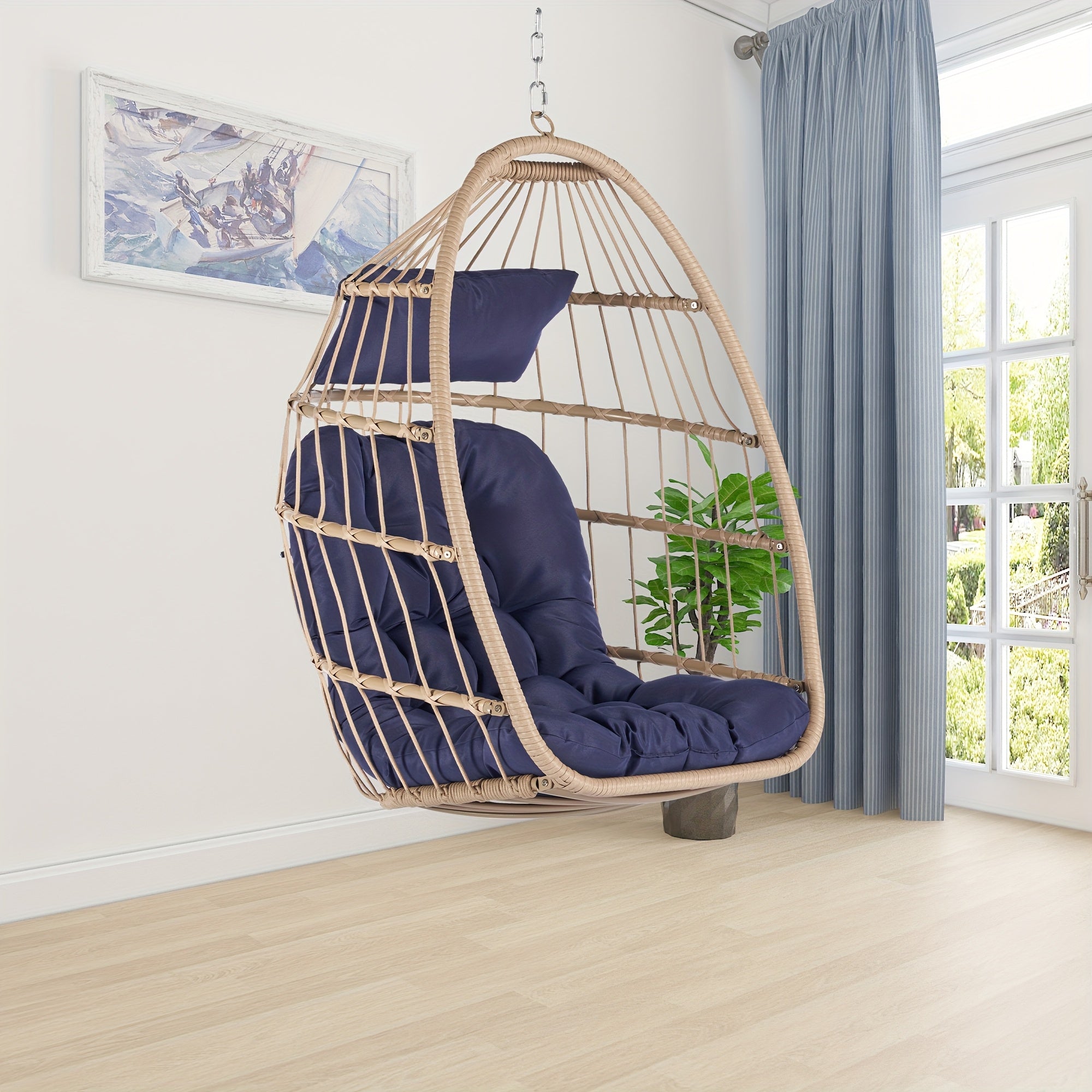 Indoor Outdoor Egg Swing Chair Without Stand, Patio Wicker Rattan Hanging Chair W\u002FCushion, All Weather Foldable Hammock Chair Basket Chairs For Bedroom, Porch