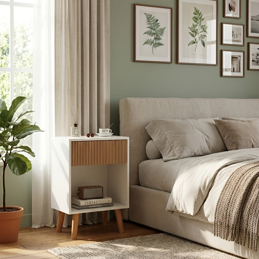 Contemporary Nightstand Featuring a Fluted Design, Equipped with a Storage Drawer And an Open Shelf, Supported by Solid Wood Legs. Ideal As an Accent Table for Small Living Rooms Or Bedrooms