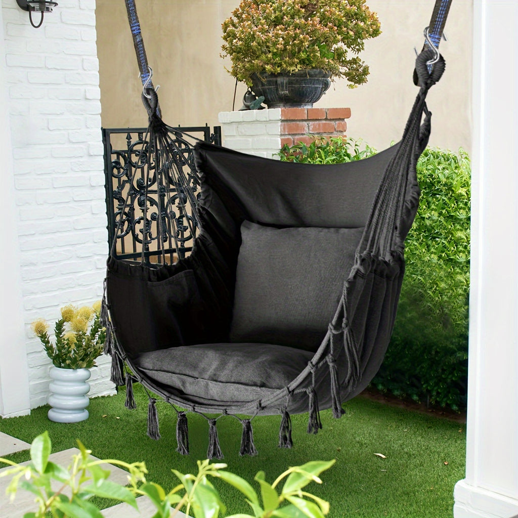 Hanging Hammock Chair with Two Cushions, Durable Webbing Straps And Hooks, Handcrafted for Outdoor Use in Gardens, Porches, And Patios