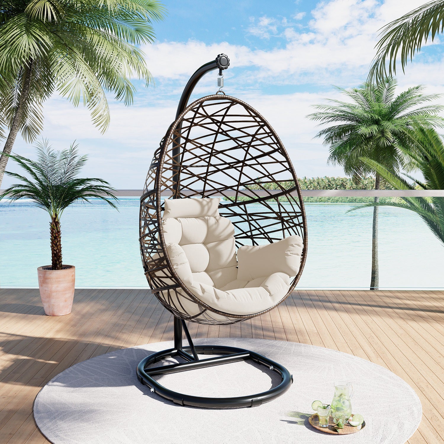 Outdoor Wicker Tear Drop Hanging Egg Chair Color Cushion Beige